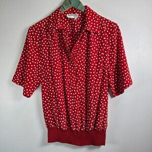 Vintage 1970's Breckenridge Deep V-Neck Polka Dot Silky Waist Band Tops, Sz 10